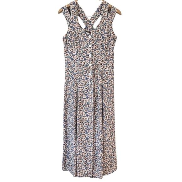 VTG CDC Blue Floral Daisy Print Button Front Sundress Midi Crisscross Back Sz 6 - Picture 1 of 11